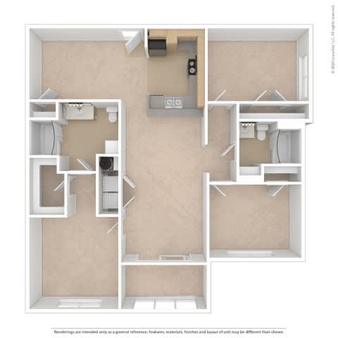 A diagram of a house layout with a kitchen, living room, and two bedrooms.
