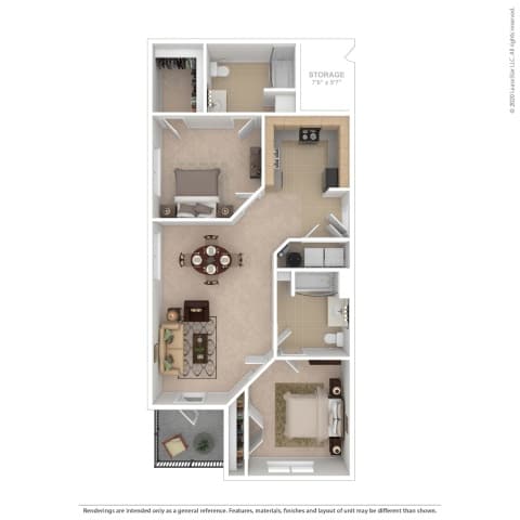 A floor plan of a small apartment with a living room, kitchen, and storage area.