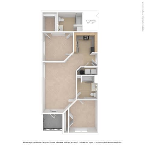 A floor plan of a small apartment with a storage area.