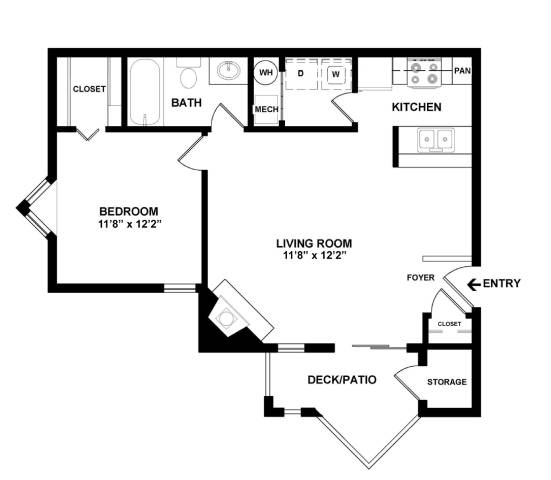 A black and white floor plan of a small apartment.