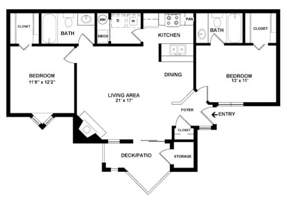 A black and white floor plan of a two bedroom apartment.