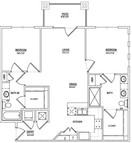 A black and white image of a house floor plan with two bedrooms, a living room, a dining room, a kitchen, a bathroom, and an entry.