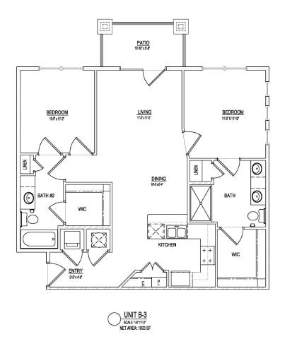 A floor plan of a residential unit with labeled rooms and appliances.