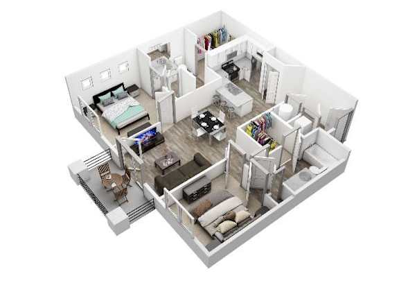 A 3D floor plan of a house with a living room, kitchen, and two bedrooms.