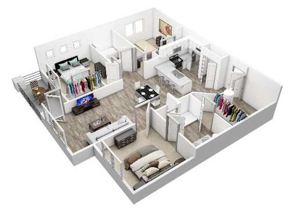 A 3D floor plan of a house with a living room, kitchen, dining room, and bedrooms.