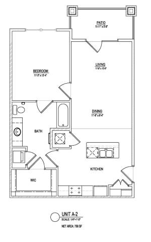 A floor plan of a unit with a bedroom, living room, dining room, kitchen, and bathroom.