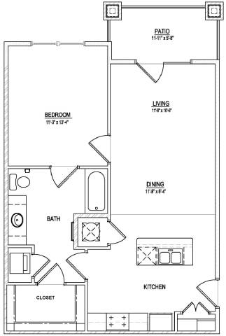 A black and white image of a house floor plan with a bedroom, living room, dining room, kitchen, bath, and closet.