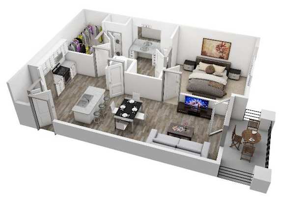 A 3D rendered image of a modern apartment layout.