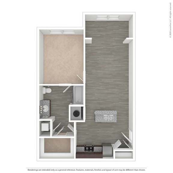 A drawing of a room with a bed, desk, and chair.