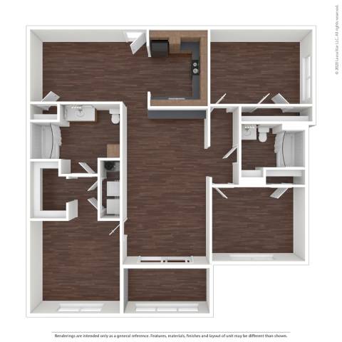 A floor plan of a house with a kitchen, living room, and two bedrooms.