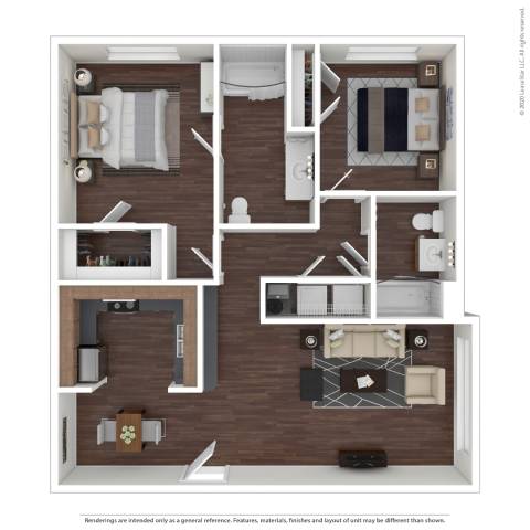 A floor plan of a house with a kitchen, living room, and two bedrooms.