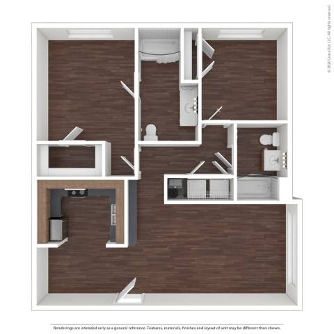 A 3D in-floor plan of a house layout.