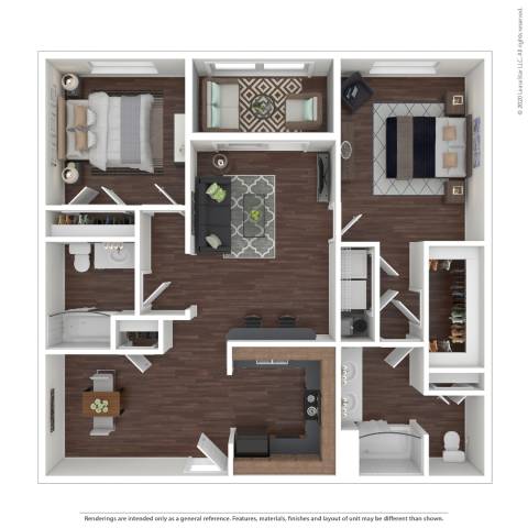A floor plan of a house with a kitchen, living room, and two bedrooms.