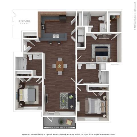A floor plan of a house with a living room, two bedrooms, a kitchen, and a storage area.