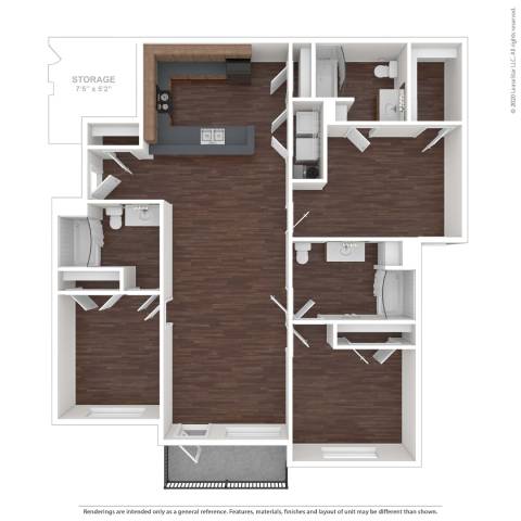 A floor plan of a small apartment with a kitchen, living room, and bathroom.