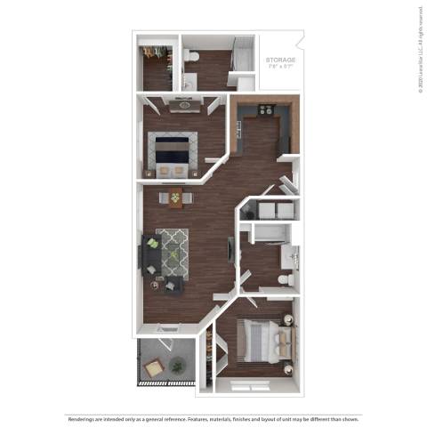 A floor plan of a small apartment with a kitchen, living room, and bedroom.
