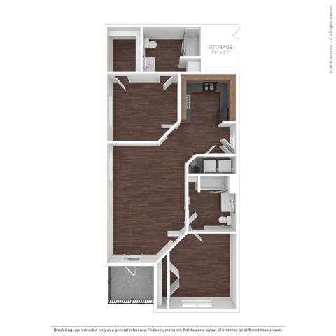 A floor plan of a small apartment with a storage area.
