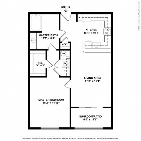 A black and white floor plan of a house with a living area, kitchen, sunroom/patio, and two bedrooms.
