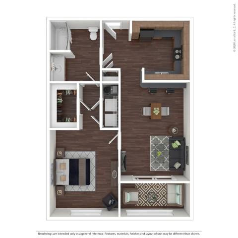 A floor plan of a house with a kitchen, living room, and two bedrooms.