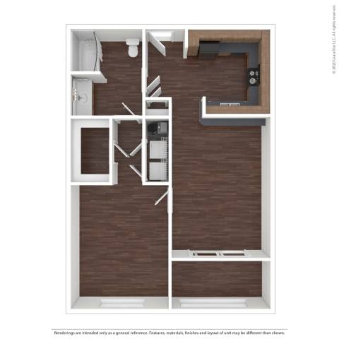 A floor plan of a room with a kitchen, living room, and bathroom.