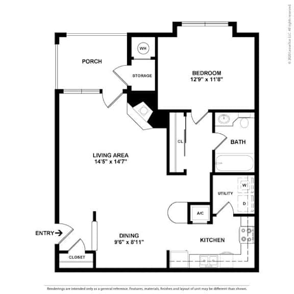 A black and white floor plan of a house with a porch, living area, dining area, kitchen, bedroom, bath, and storage.