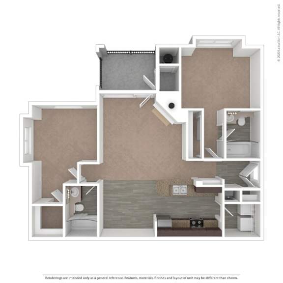 A 3D rendered image of a house layout.