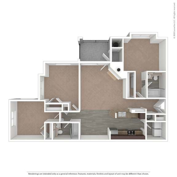 A 3D rendered image of a house layout.