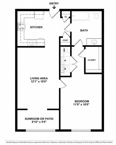 A floor plan of a small apartment with a kitchen, living area, bedroom, bathroom, and closet.