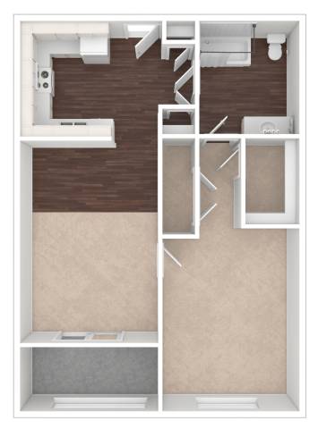 A diagram of a house layout with a kitchen, living room, and two bedrooms.