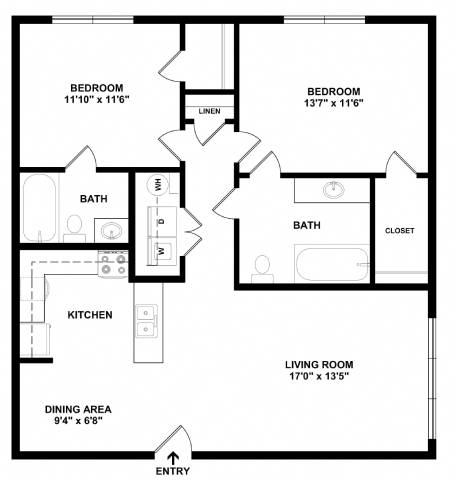 A black and white image of a floor plan for a two-bedroom apartment.