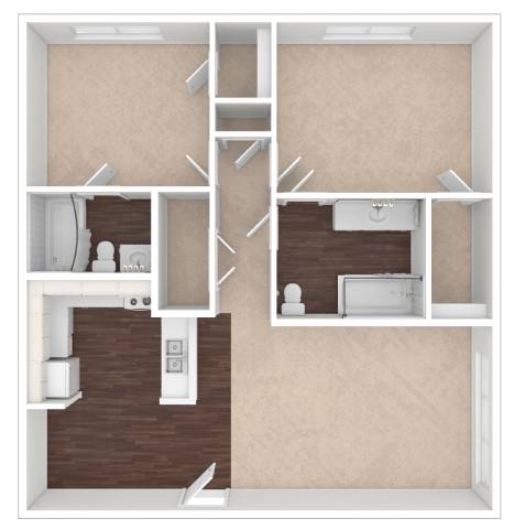 A floor plan of a small apartment with a kitchen, living room, and bathroom.