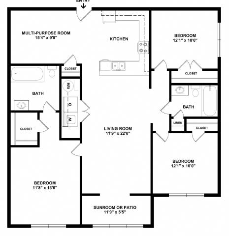 A black and white image of a floor plan for a house with a multi-purpose room, kitchen, living room, and four bedrooms.