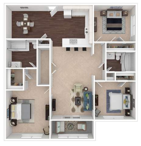 A floor plan of a house with a kitchen, living room, and two bedrooms.