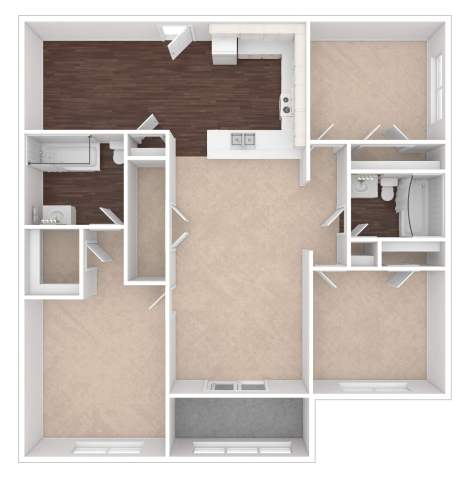 A floor plan of a house with a kitchen, living room, and two bedrooms.