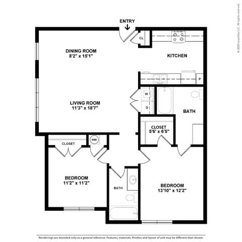 A black and white image of a floor plan for a home with an entry, dining room, kitchen, living room, two bedrooms, and a bath.