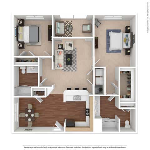 A floor plan of a house with a kitchen, living room, and two bedrooms.