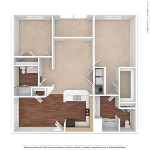 A drawing of a house layout with a kitchen, living room, and two bedrooms.