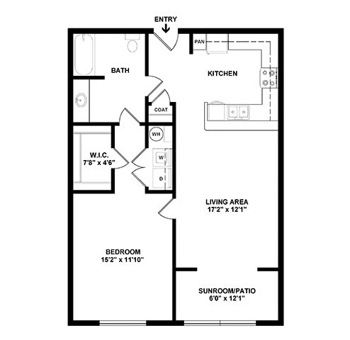 A floor plan of a small apartment with a living area, bedroom, and bathroom.