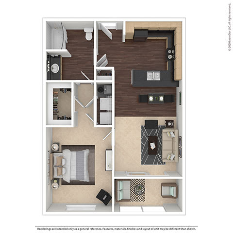 A floor plan of an apartment with a kitchen, living room, and two bedrooms.
