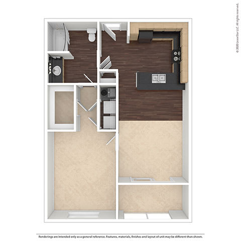 A drawing of a room with a bed, desk, and chair.