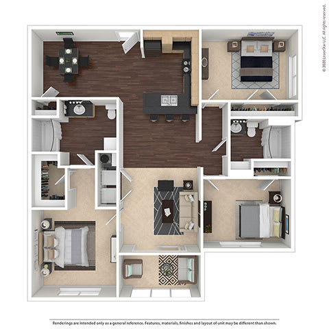 A detailed 3D floor plan of a residential apartment layout.