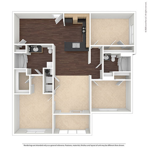 A 3D rendered image of a house layout.
