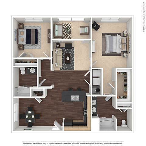 A detailed 3D floor plan of a house layout.