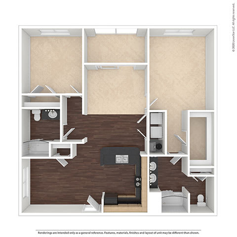 A 3D floor plan of a small apartment with a kitchen, living room, and bedroom.