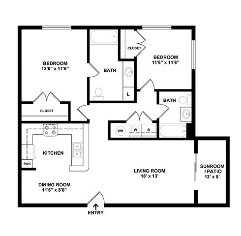 A black and white image of a house floor plan with an entry point.
