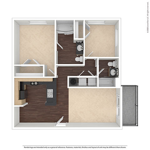 A 3D rendered image of a house layout.