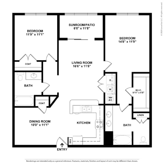 A black and white image of a floor plan for a home with a living room, kitchen, dining room, and two bedrooms.