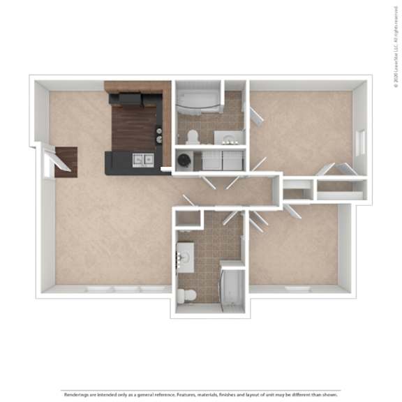 A floor plan of a small apartment with a kitchen, living room, and bathroom.