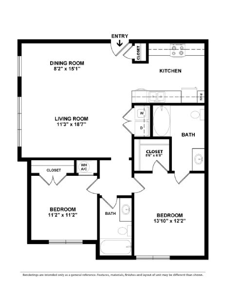 A black and white image of a house floor plan with an entry, two bedrooms, a living room, a dining room, a kitchen, and a bath.