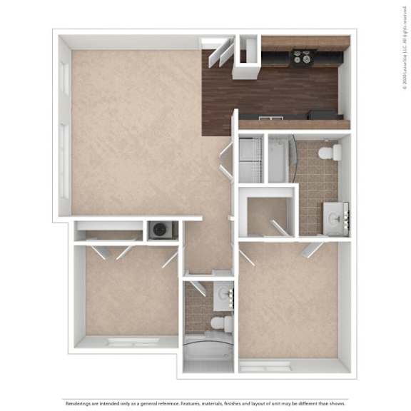A diagram of a small apartment with a kitchen, bathroom, and living room.
